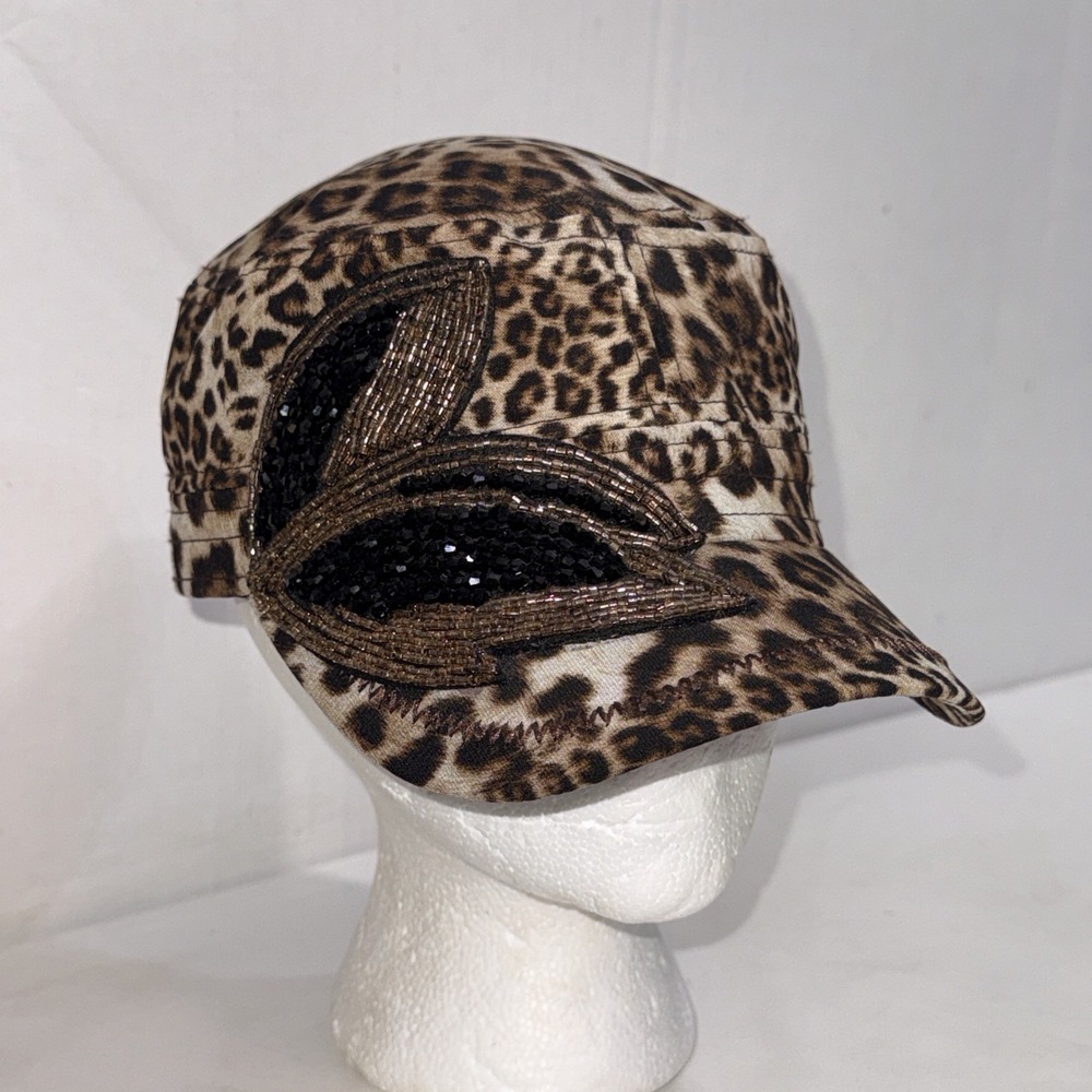 Y2K 2000s Army Beaded Flor De Lis Leopard Distressed Cross Trucker SnapBack Hat